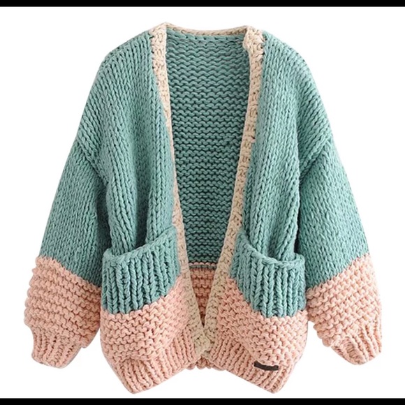 Cardigan sweater boho knit puff sleeve thick chic chunky green pink - Picture 8 of 14